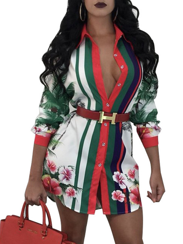 White Turndown Collar Printed Patchwork Dress