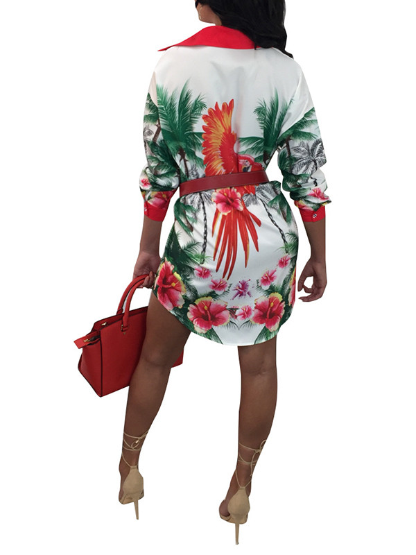 White Turndown Collar Printed Patchwork Dress