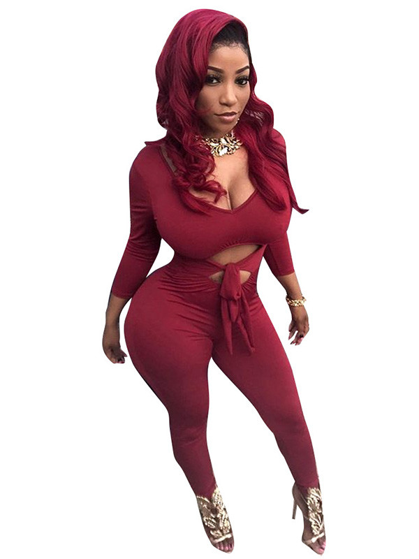 Wine Red Round Neck Hollow-out Jumpsuits