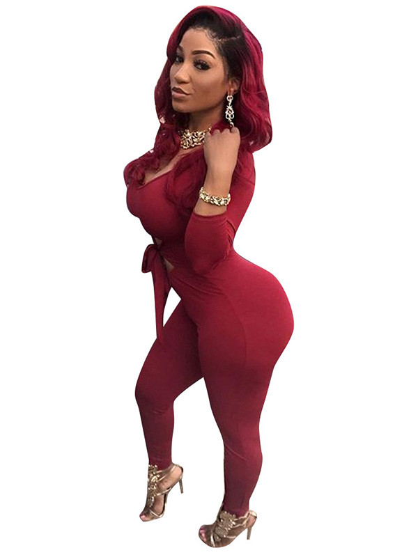 Wine Red Round Neck Hollow-out Jumpsuits