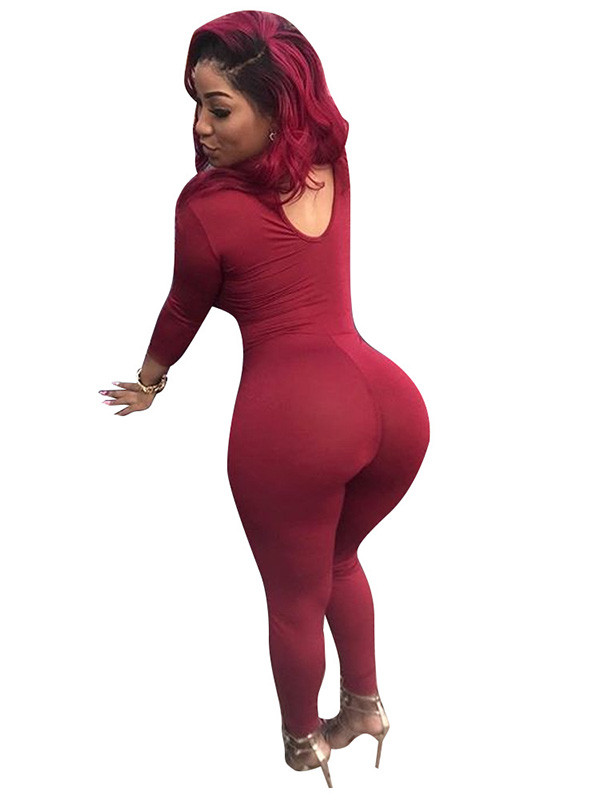 Wine Red Round Neck Hollow-out Jumpsuits