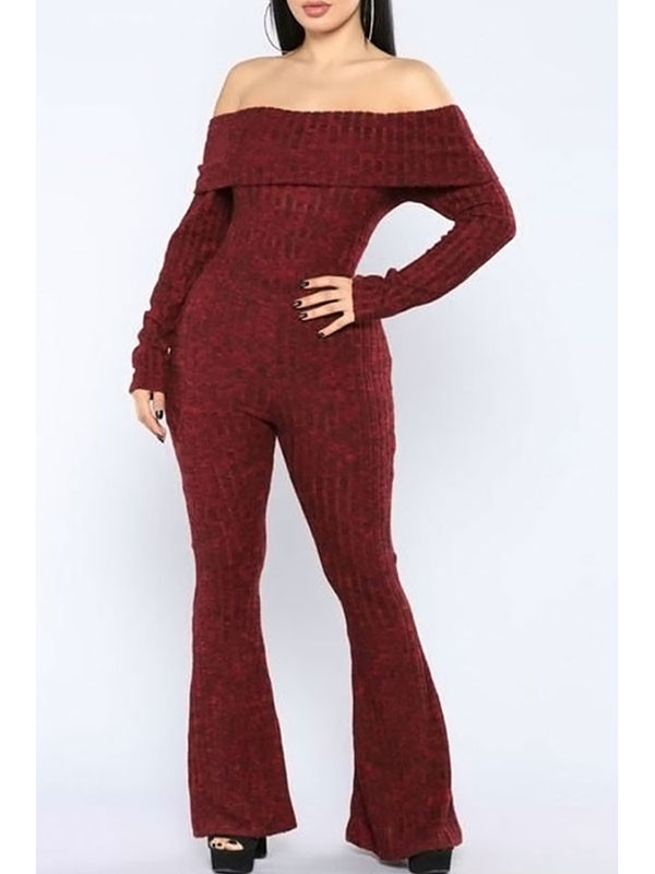 Wine Red Bateau Neck Trumpet Design Jumpsuits