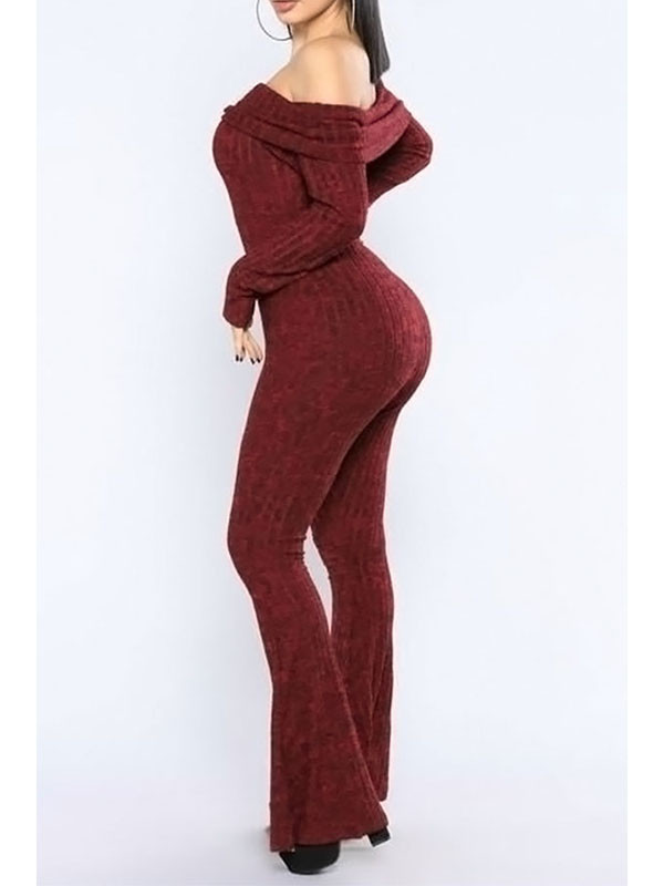 Wine Red Bateau Neck Trumpet Design Jumpsuits