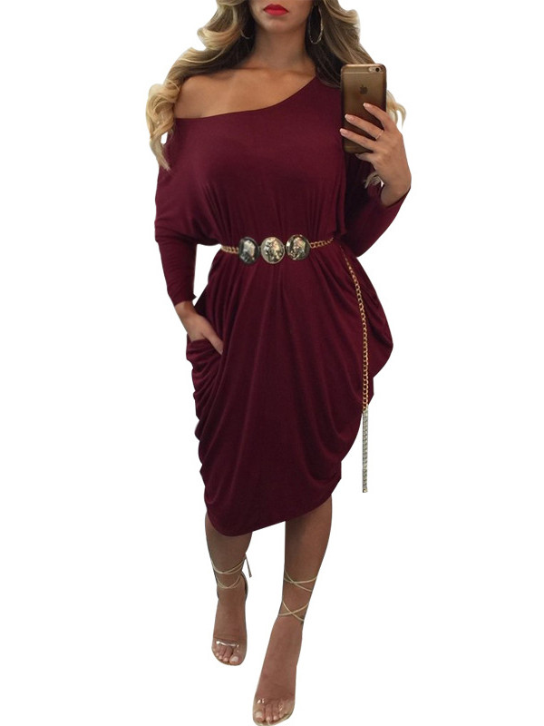 Wine Red Dew Shoulder Polyester Drape Dress