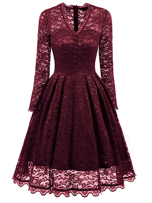 Wine Red Fashion Lace Trim Patchwork Dress