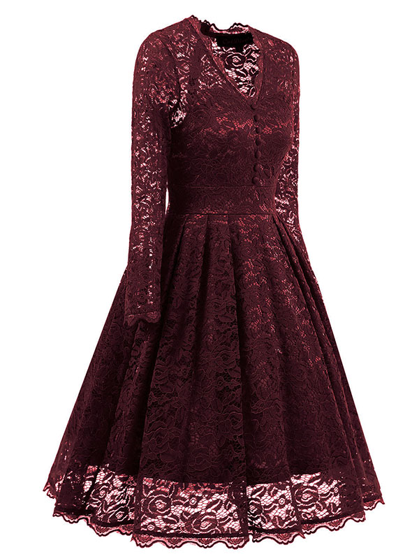 Wine Red Fashion Lace Trim Patchwork Dress