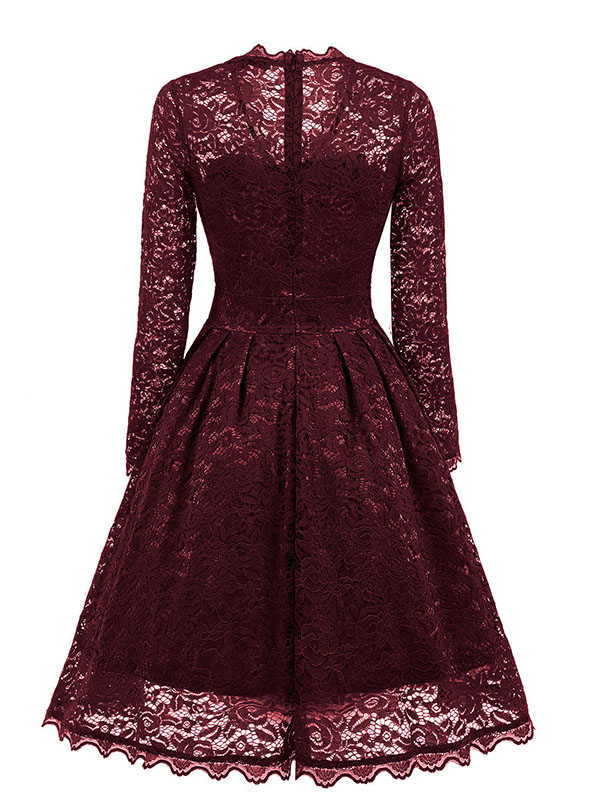 Wine Red Fashion Lace Trim Patchwork Dress