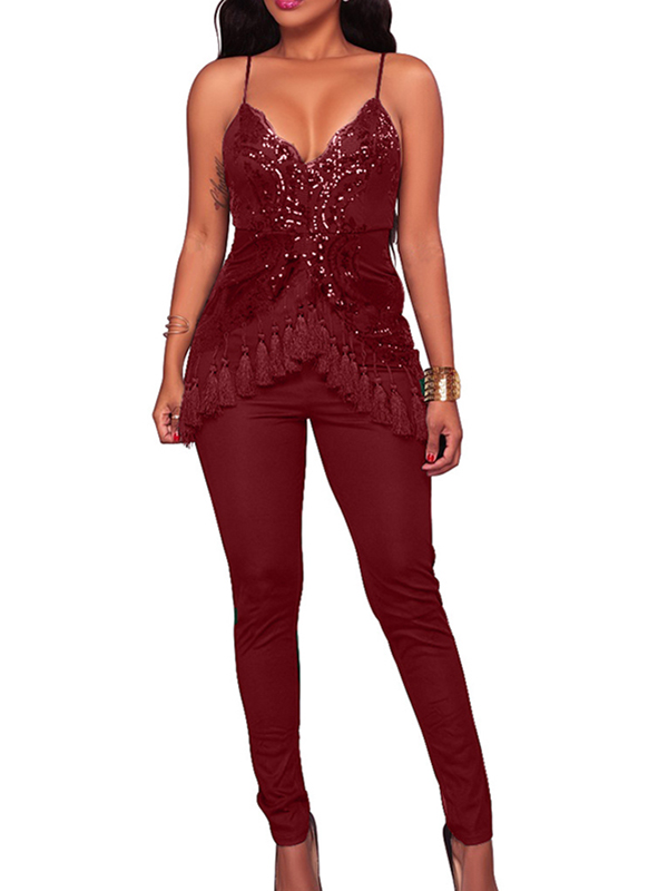 Wine Red Fashion Sleeveless Regular Jumpsuits 