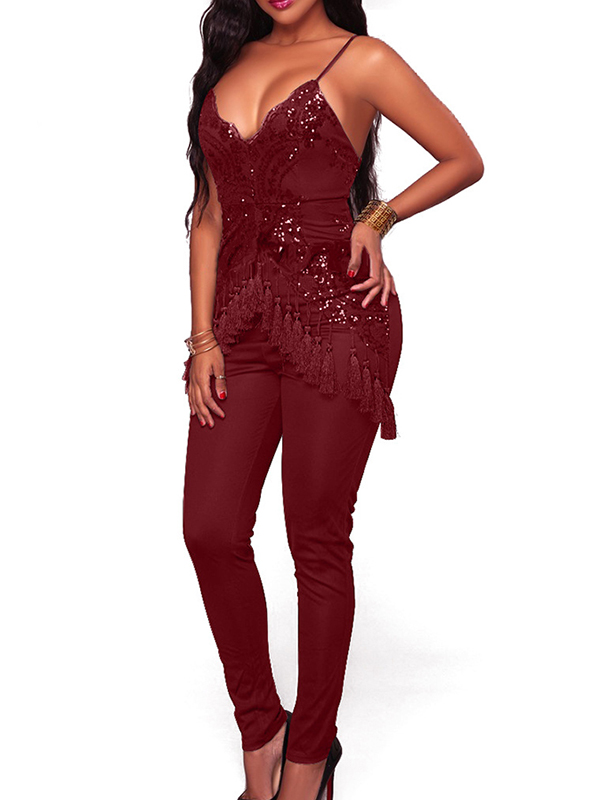 Wine Red Fashion Sleeveless Regular Jumpsuits 