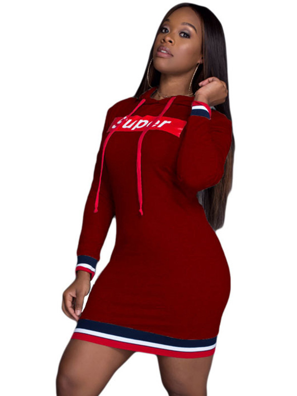 Wine Red Hooded Collar Letters Printed  Casual Dress