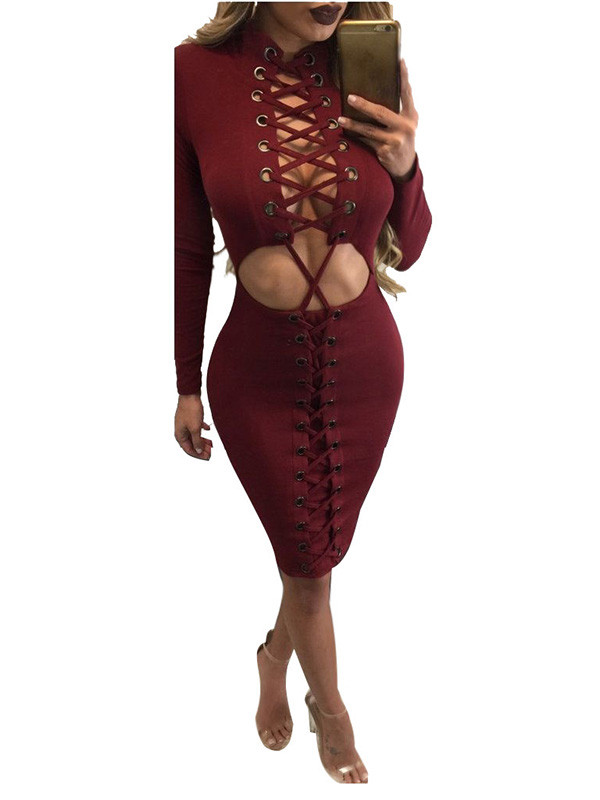 Wine Red Lace-up Hollow-out Bodycon Dress
