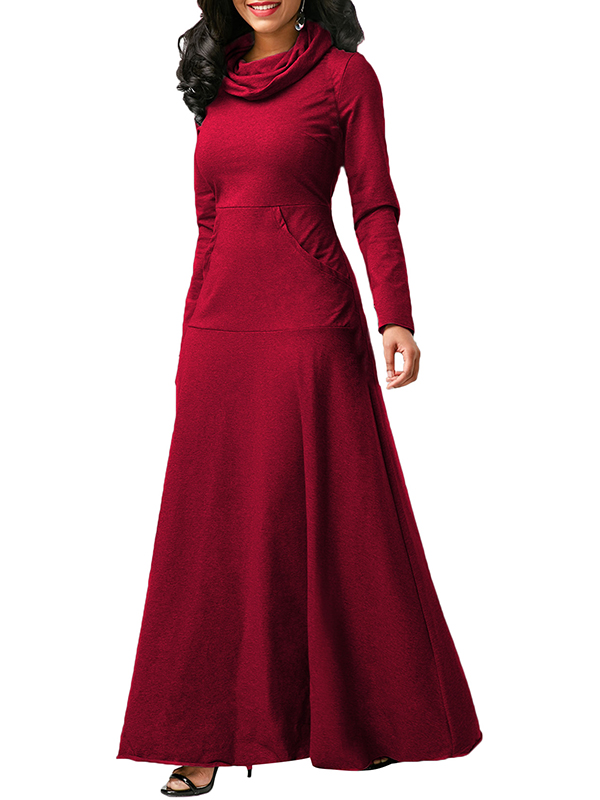 Wine Red Long Sleeve Cowl Neck Maxi Dress