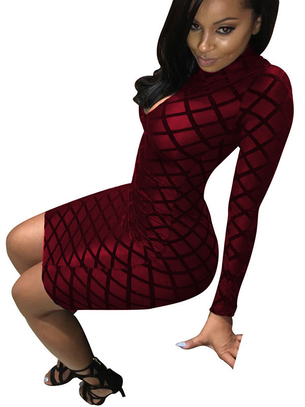 Wine Red Long Sleeves Hollow-out Bodycon Dress