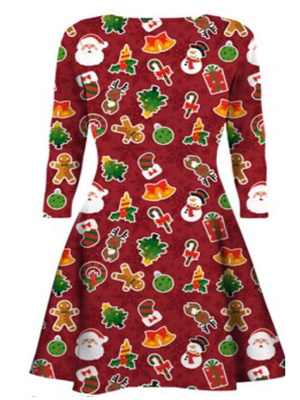 Wine Red Round Neck Long Sleeves Polyester Printed Casual Dress