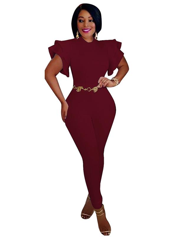 Wine Red Round Neck Lotus Leaf Sleeves Jumpsuits
