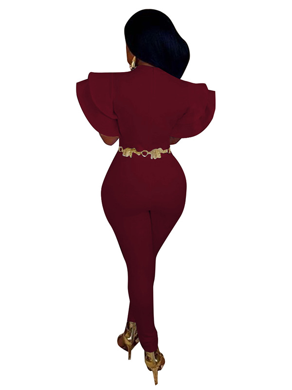 Wine Red Round Neck Lotus Leaf Sleeves Jumpsuits