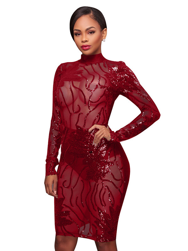 Wine Red See-Through Patchwork Sequined Dress