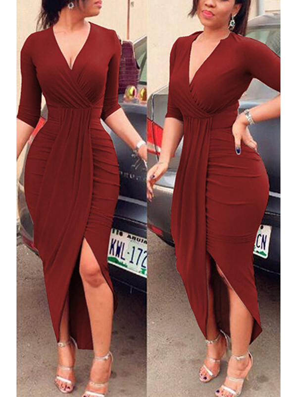 Wine Red Sexy Half Sleeves Asymmetrical Dress