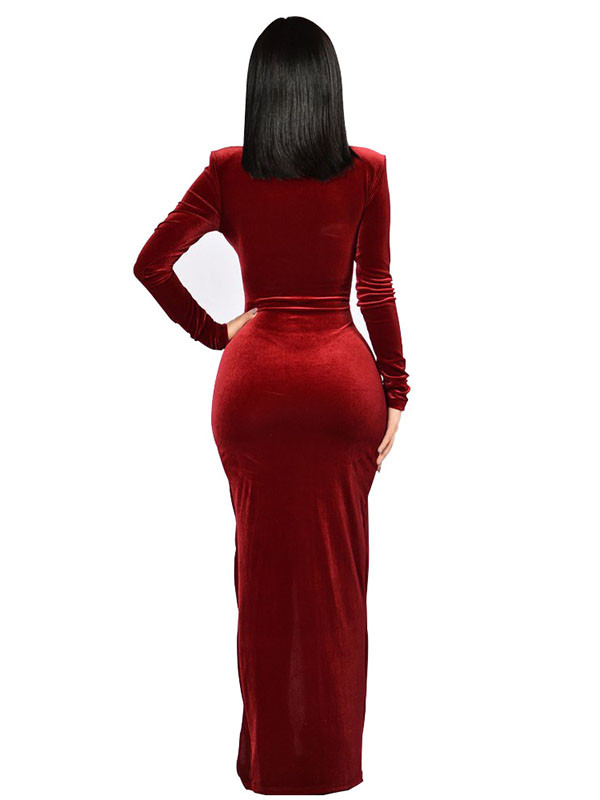 Wine Red Sexy Long Sleeves Side Split Dress