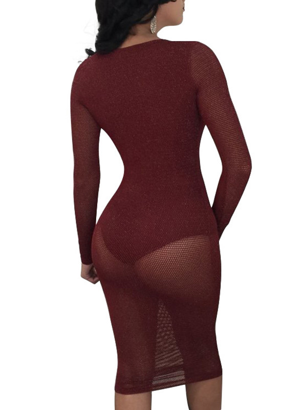 Wine Red Sexy U Neck See-Through Dress 