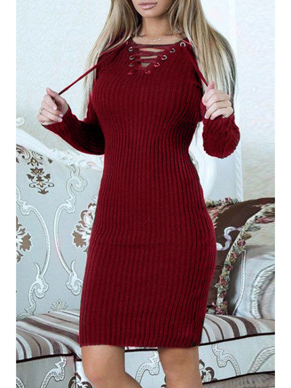 Wine Red Sexy V Neck Lace-up Sweater Dress