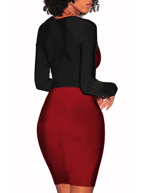 Wine Red Square Neck Patchwork Midi Dress