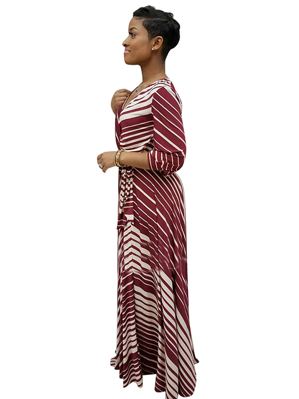 Wine Red Stripe Printed Ankle Length Casual Dress