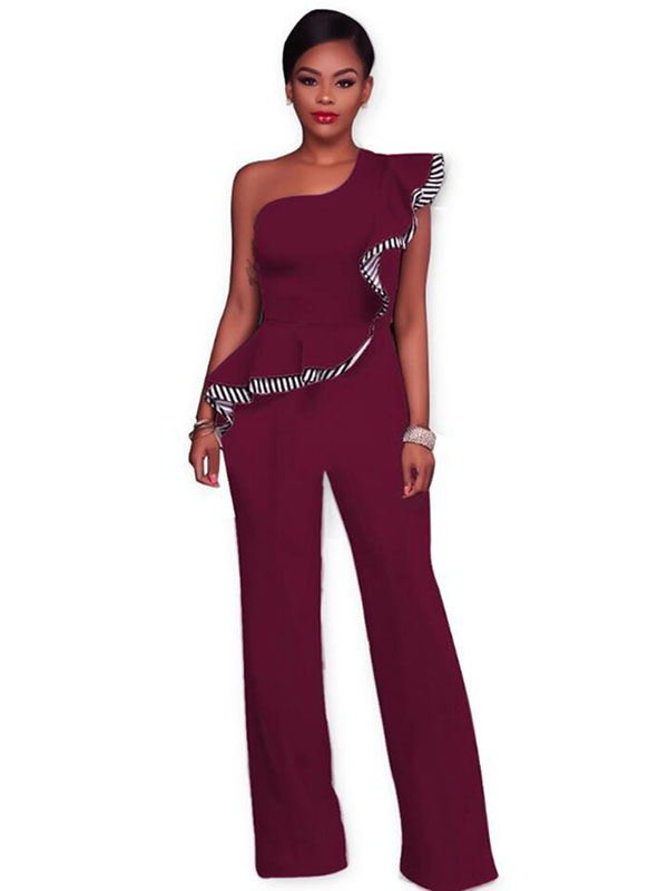 Wine Red Stylish Asymmetrical Cotton One-piece Jumpsuits   