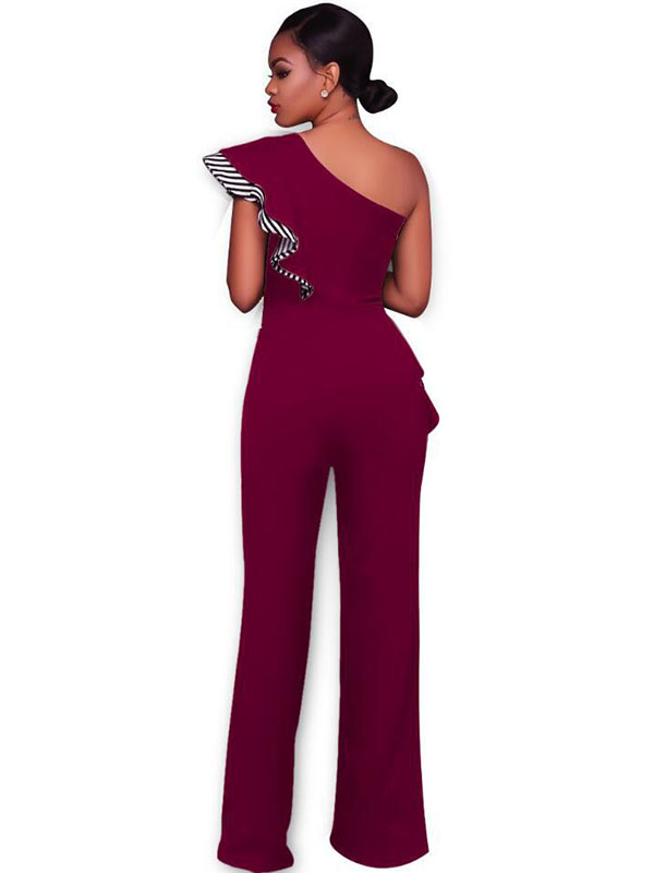Wine Red Stylish Asymmetrical Cotton One-piece Jumpsuits   