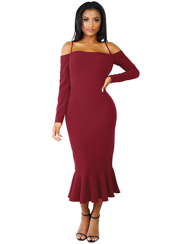 Wine Red Trendy Falbala Design Sheath Dress 