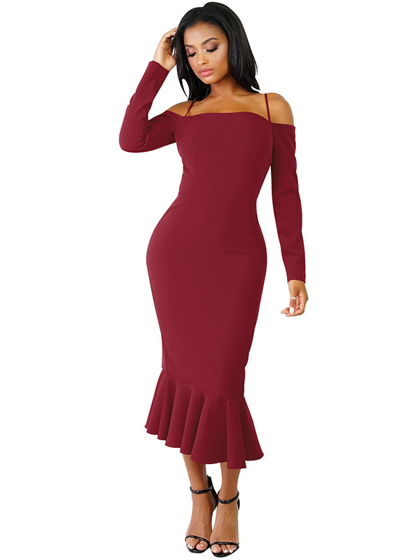 Wine Red Trendy Falbala Design Sheath Dress 