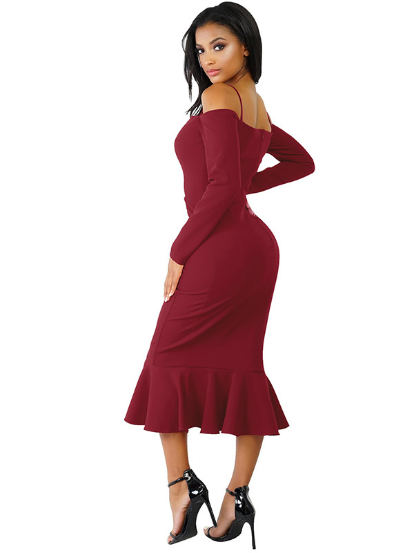 Wine Red Trendy Falbala Design Sheath Dress 