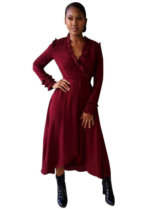 Wine Red V Neck Falbala Design Midi Dress