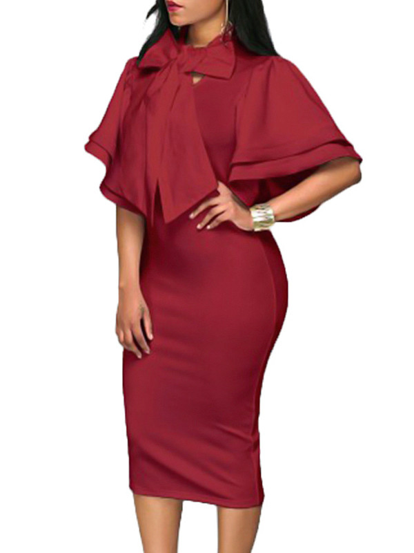 Wine Red V Neck Half Sleeves Bow-tie Dress