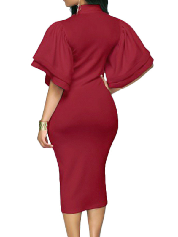 Wine Red V Neck Half Sleeves Bow-tie Dress