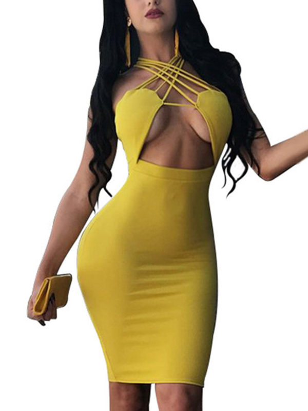 Yellow Hollow-out Knee Length Bodycon Dress