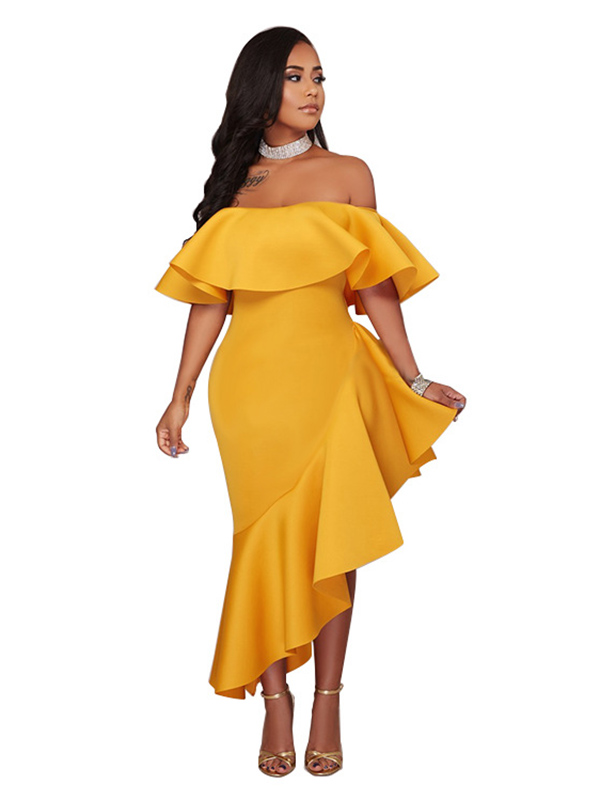 Yellow S-XXL Sexy Bateau Neck Maxi Dress