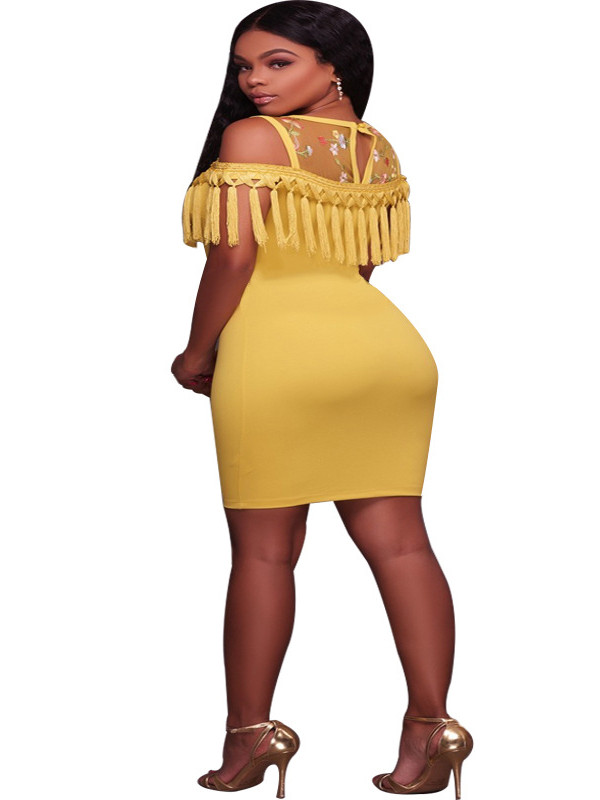 Yellow Sexy Dew Shoulder Tassel Mini Dress 