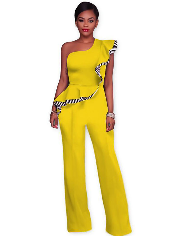 Yellow Stylish Asymmetrical Cotton One-piece Jumpsuits   