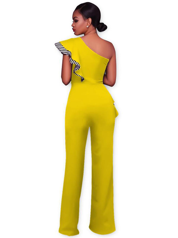 Yellow Stylish Asymmetrical Cotton One-piece Jumpsuits   