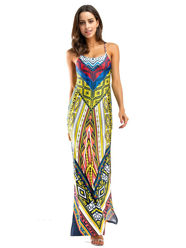 Yellow Stylish Spaghetti Strap Printed Maxi Dress