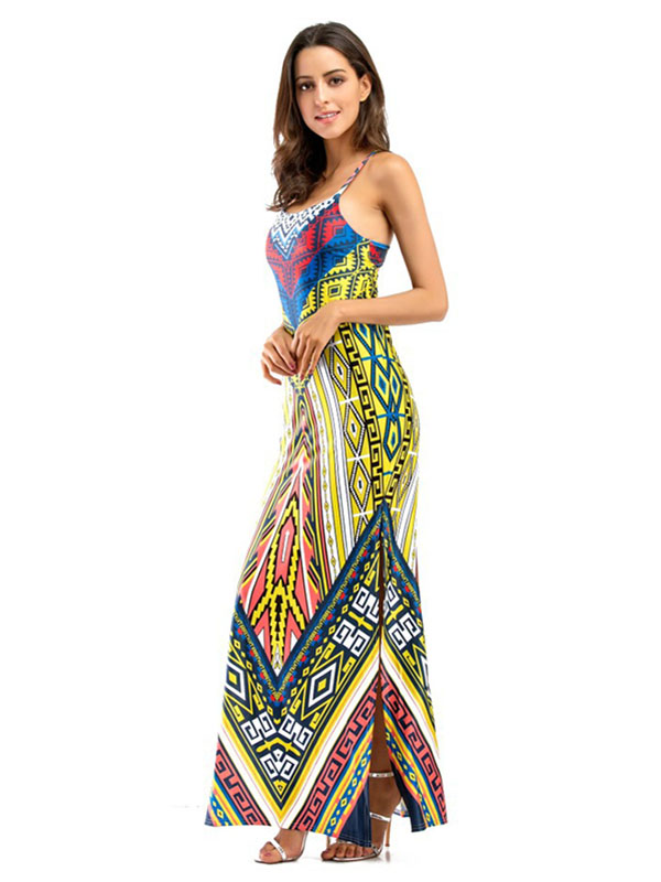 Yellow Stylish Spaghetti Strap Printed Maxi Dress