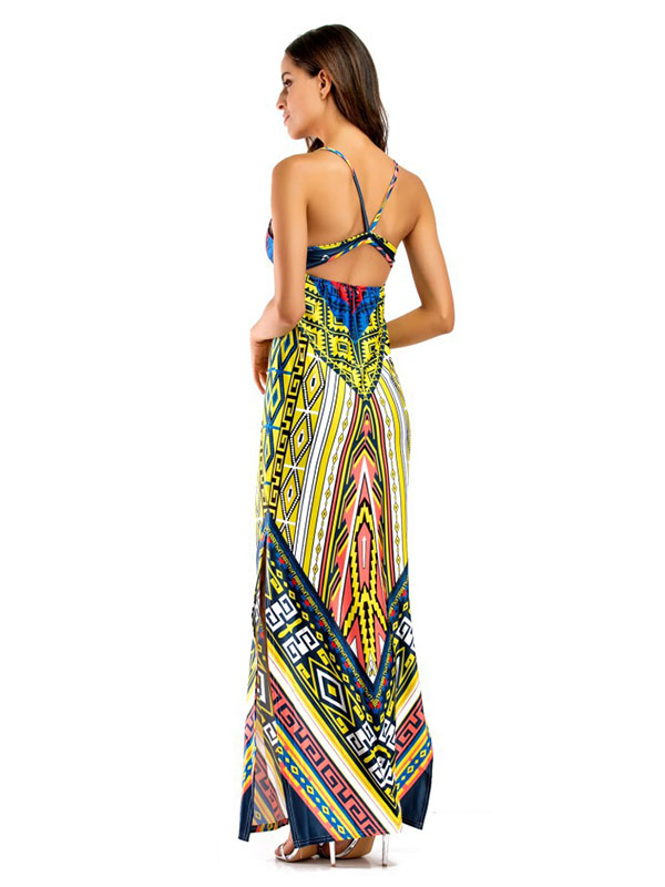 Yellow Stylish Spaghetti Strap Printed Maxi Dress