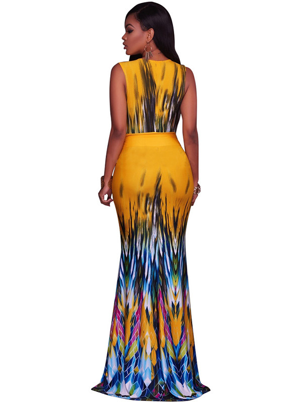 Yellow V Neck Printed Ankle Length Dress 
