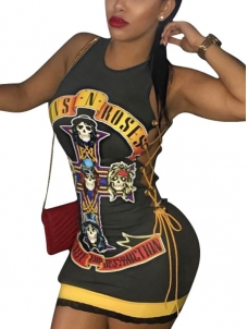  Round Neck Printed Lace-up Hollow-out Casual Dress