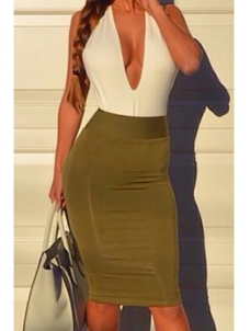  V Neck Tank Sleeveless Backless Patchwork Bodycon Dress 