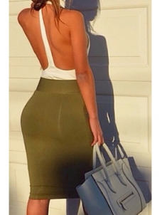  V Neck Tank Sleeveless Backless Patchwork Bodycon Dress 