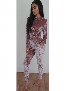 2 Colors Round Neck Velvet Jumpsuits