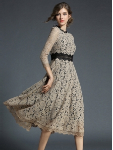 Apricot Flower Crochet Hollow Out Patchwork Dress