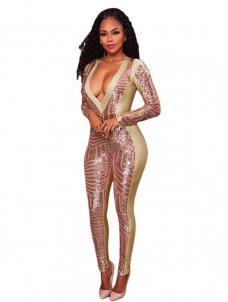 Apricot Sexy V Neck See-Through Jumpsuits 